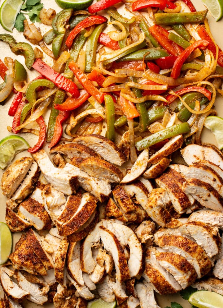 closeup of sheet pan chicken fajitas