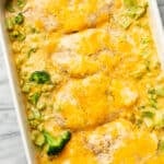 a baking dish with cheddar broccoli chicken bake