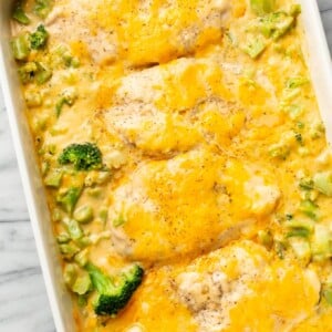 a baking dish with cheddar broccoli chicken bake