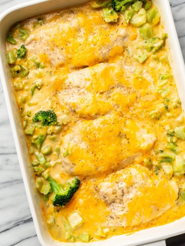 a baking dish with cheddar broccoli chicken bake