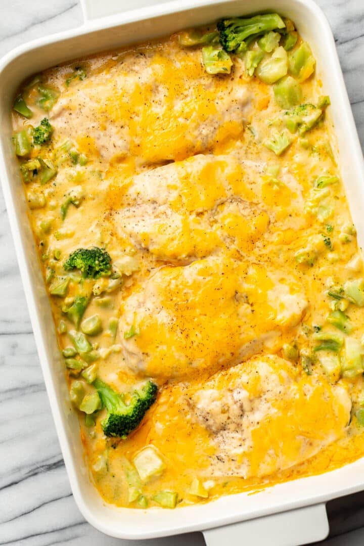 a baking dish with cheddar broccoli chicken bake