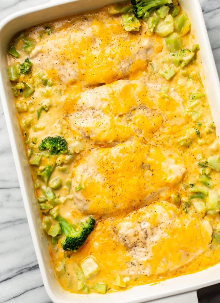 a baking dish with cheddar broccoli chicken bake