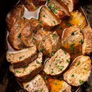 a slow cooker with pork tenderloin