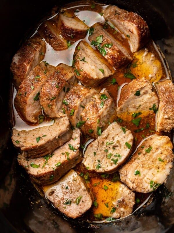 a slow cooker with pork tenderloin