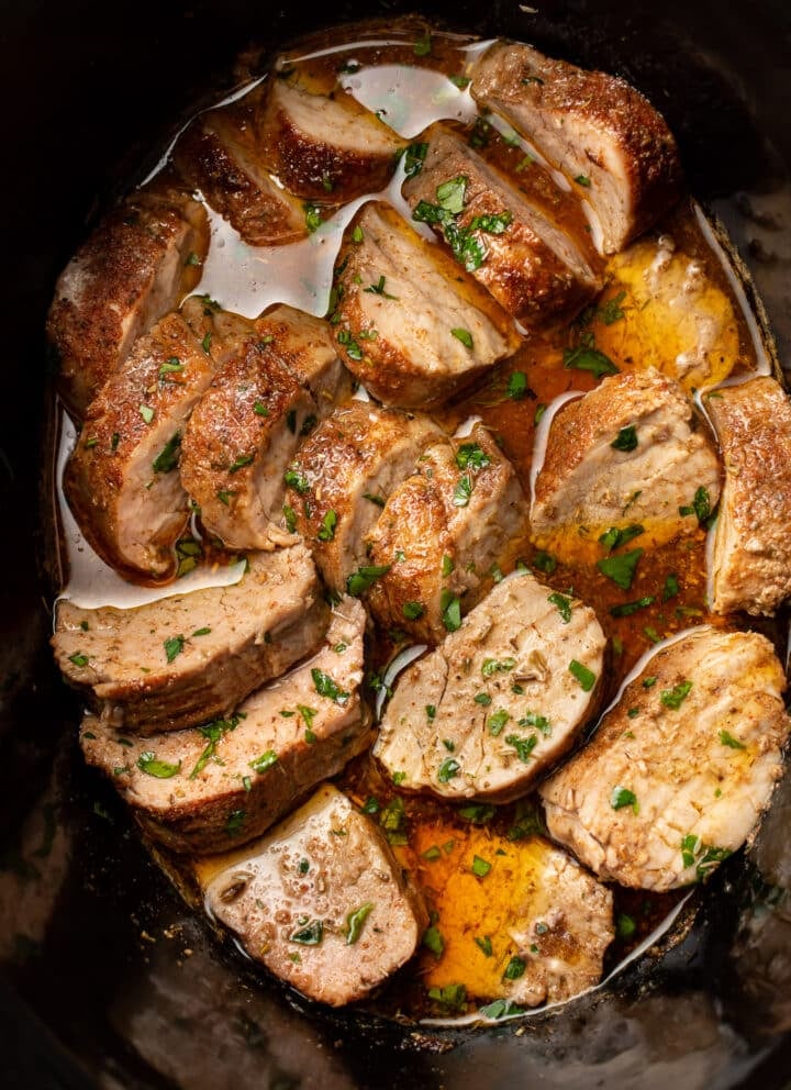 a slow cooker with pork tenderloin