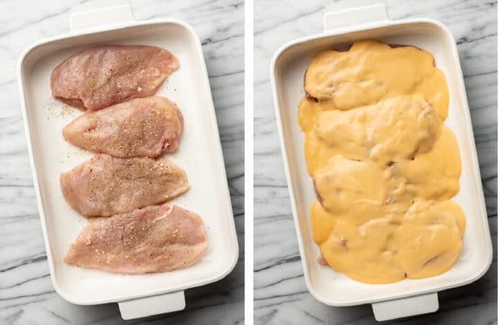 adding chicken and cheddar soup to a casserole dish