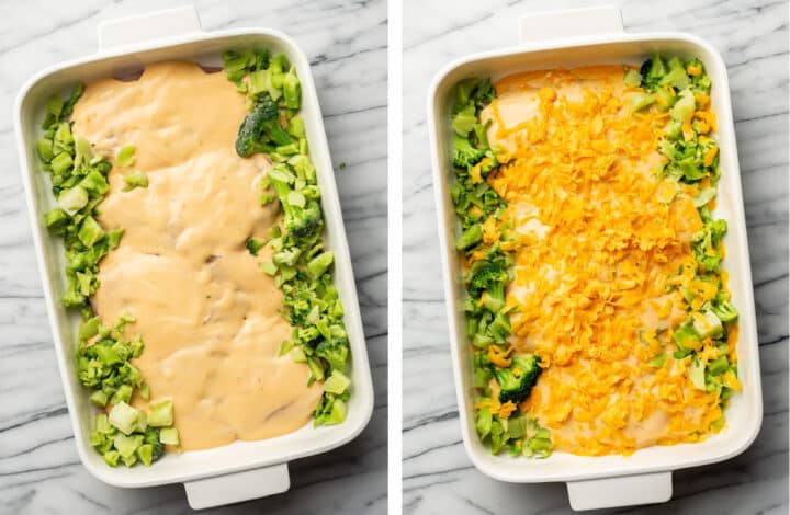 adding broccoli and cheddar to a chicken casserole