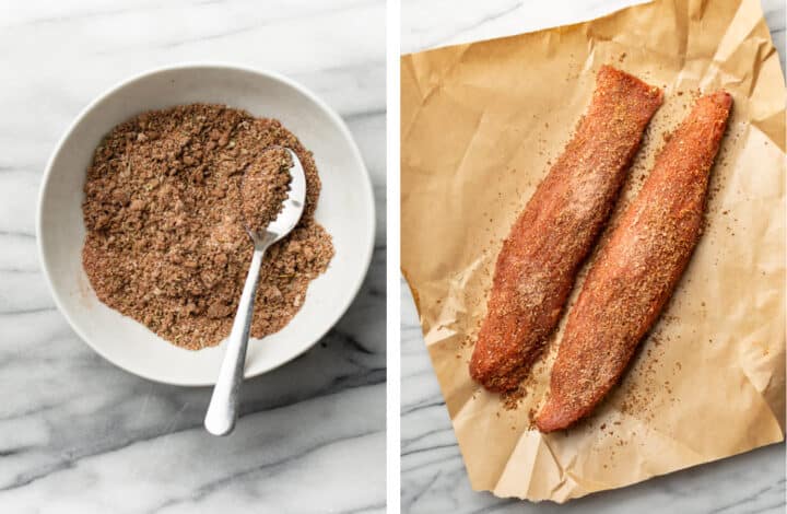 mixing a spice rub in a bowl and adding to pork tenderloin