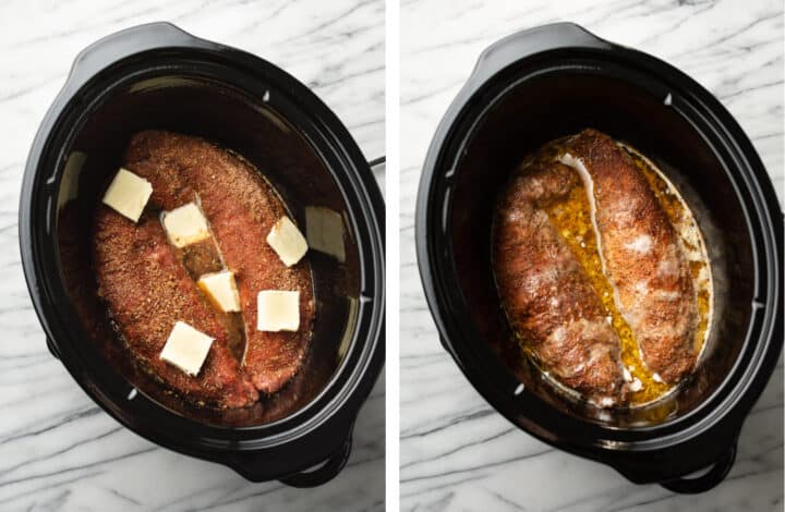 pork tenderloin in a crockpot before and after cooking