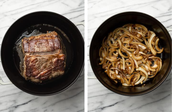 searing beef in a dutch oven and sauteing onions