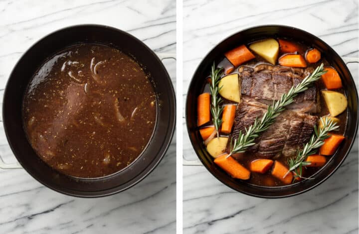 adding in broth, potatoes, and carrots to a dutch oven for pot roast