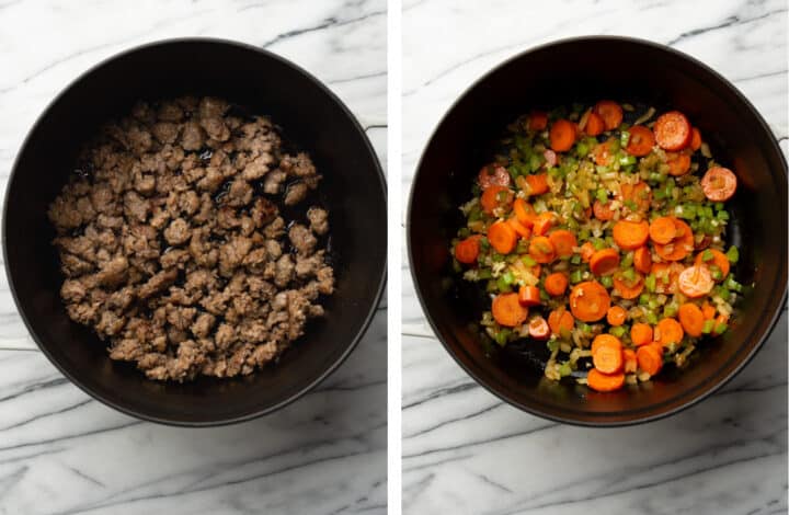 cooking sausage and mirepoix in a soup pot for gnocchi soup