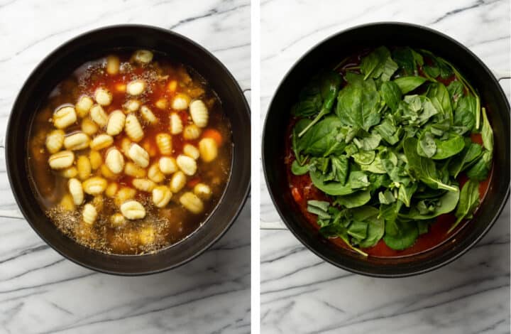 adding gnocchi, spinach, and basil to a pot of soup