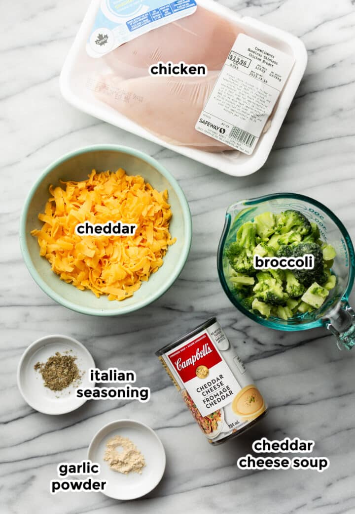 ingredients for cheddar broccoli chicken bake on a counter
