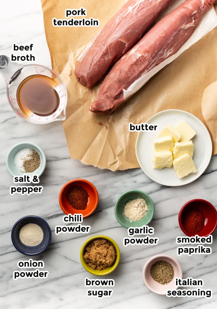 ingredients for crockpot pork tenderloin in prep bowls