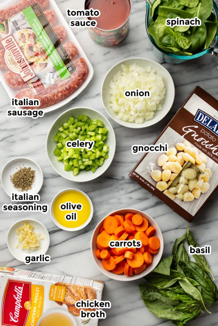 ingredients for italian sausage gnocchi soup in prep bowls