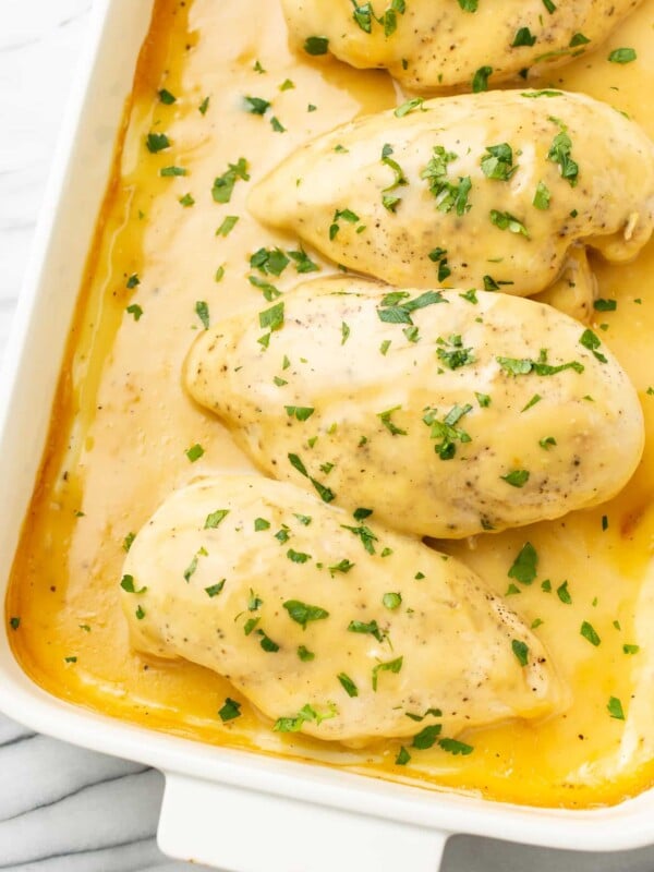 honey mustard chicken in a baking dish