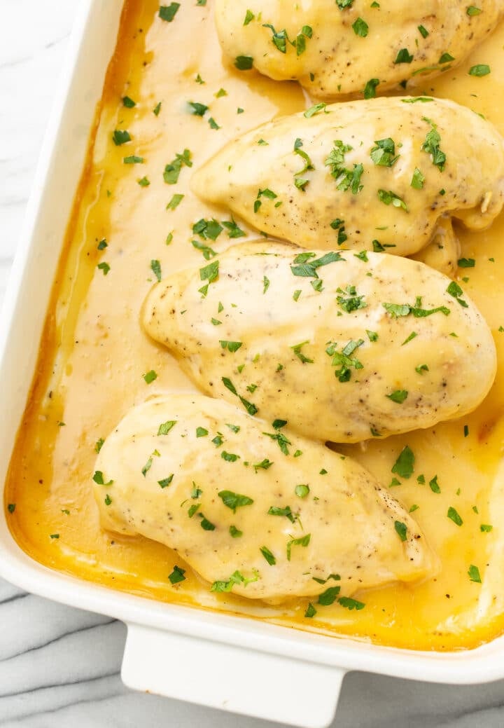 honey mustard chicken in a baking dish