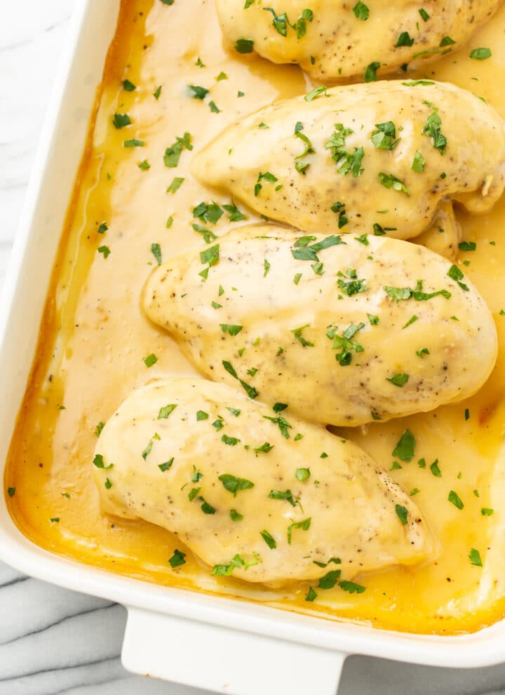 honey mustard chicken in a baking dish