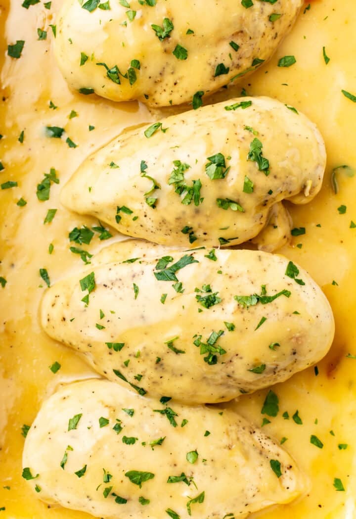 closeup of four honey mustard chicken breasts in a baking dish