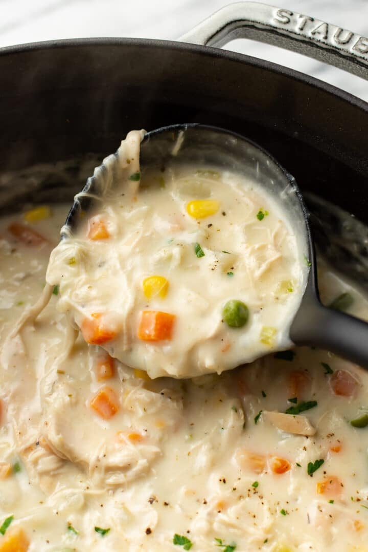 a ladle of chicken pot pie soup