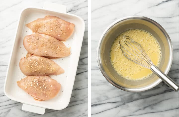 adding chicken to a baking dish and whisking honey mustard sauce in a bowl