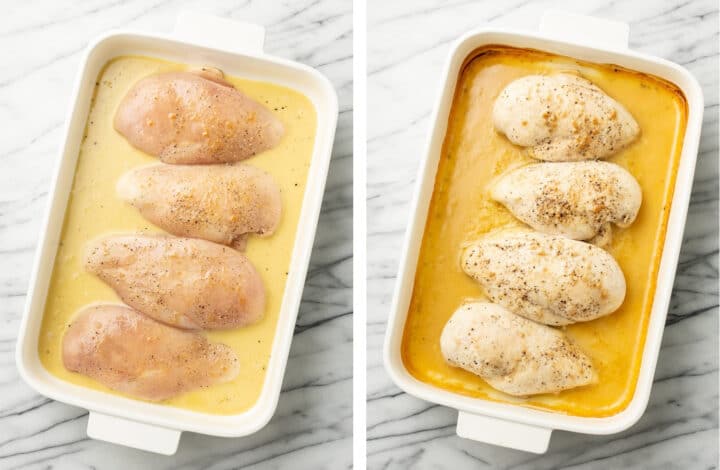 honey mustard chicken in a baking dish before and after baking