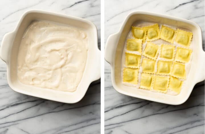 adding alfredo sauce and ravioli to a baking dish