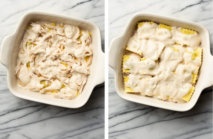 adding shredded chicken and ravioli to a baking dish