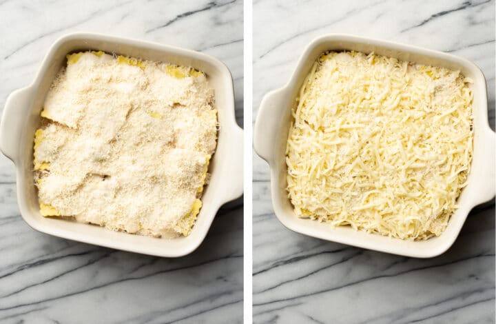 topping a pasta bake with parmesan and mozzarella cheese