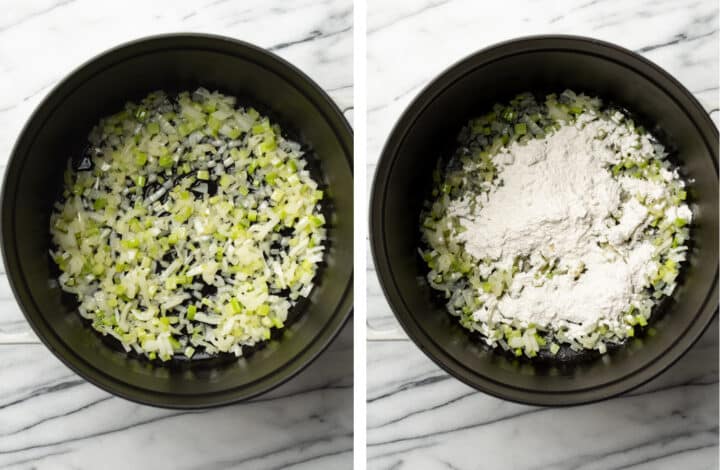 sauteing onions and celery in a soup pot and adding flour