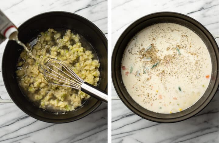 adding in broth and seasonings to a pot of chicken pot pie soup