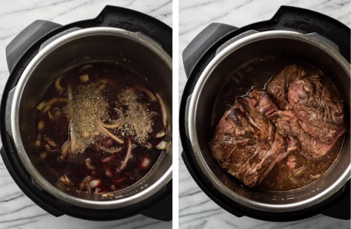 adding broth and red wine to an instant pot for pot roast