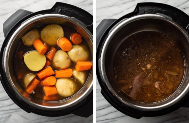 adding potatoes and carrots to an instant pot for pot roast