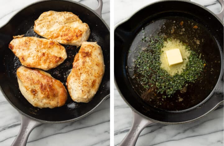 pan frying chicken in a skillet and starting tarragon sauce