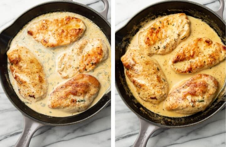adding cream to tarragon sauce and returning chicken to the skillet