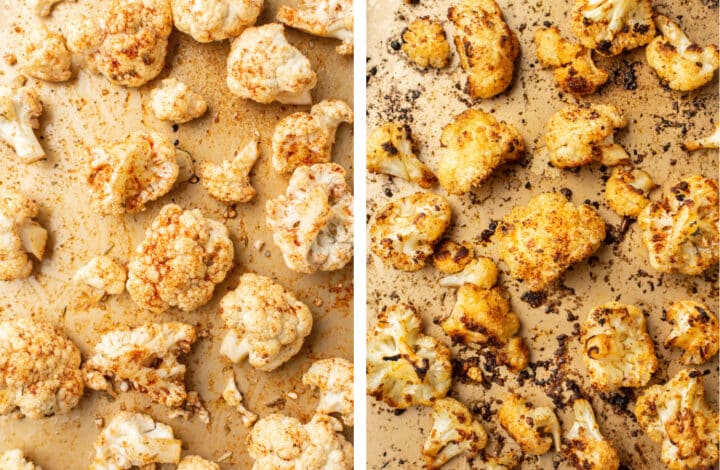 cauliflower florets on a baking sheet before and after roasting