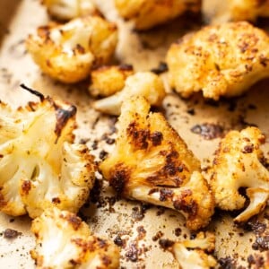 closeup of a baking tray with roasted cauliflower