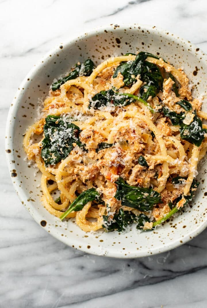 baked feta pasta in a bowl