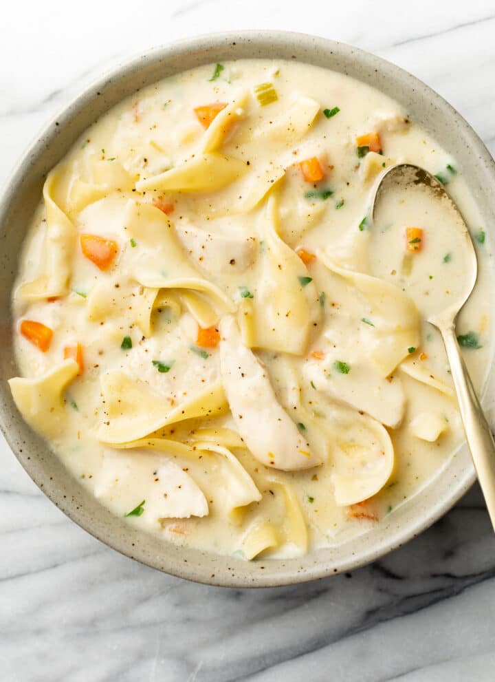 a bowl of creamy chicken noodle soup with a spoon