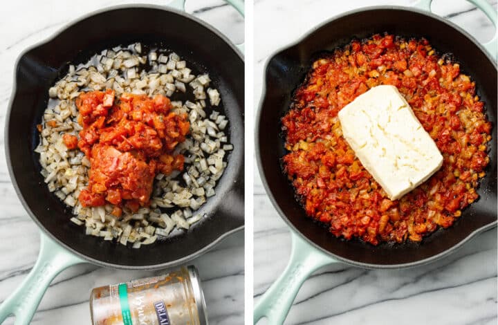 sauteing onions and tomatoes in a skillet and baking feta