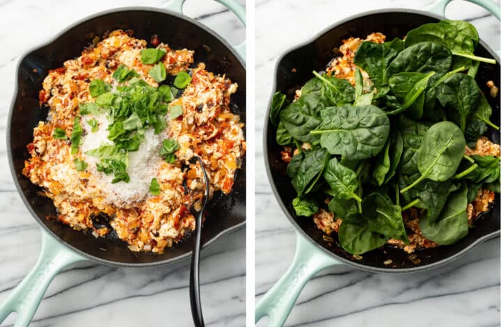 tossing basil and spinach with baked feta in a skillet