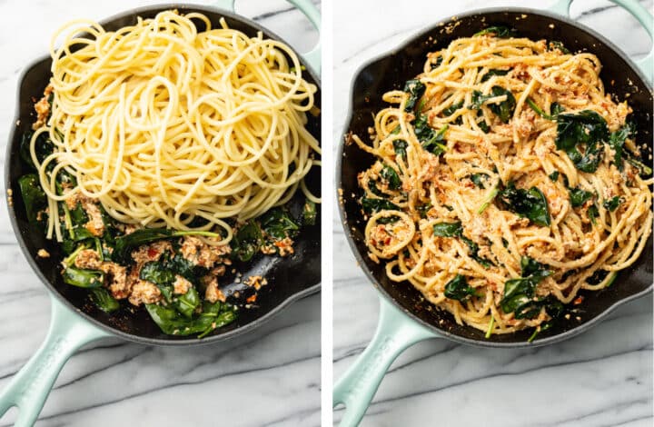 adding pasta to baked feta in a skillet and tossing