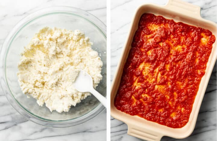 mixing ricotta in a bowl and adding marinara sauce to a casserole dish