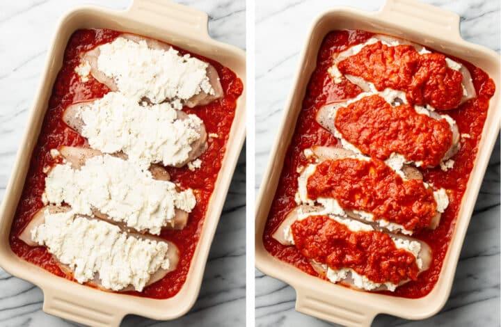 adding ricotta and marinara sauce to chicken in a baking dish