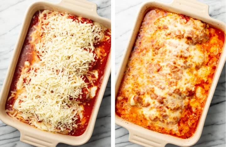 ricotta chicken bake in a casserole dish before and after cooking