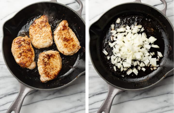 searing pork chops in a skillet and sauteing onions