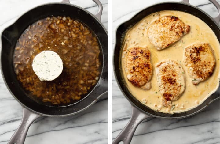 making creamy boursin sauce for pork chops in a skillet