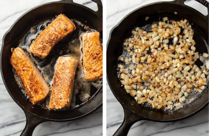 pan frying salmon and onions in a cast iron skillet