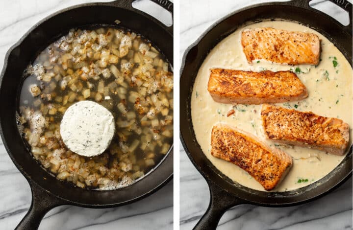 making boursin sauce for salmon in a cast iron skillet and retuning fish to the pan